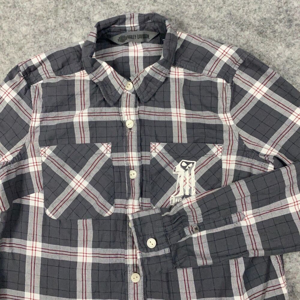 Harley Davidsons Flannel Shirt Womens Small Grey Plaid Button Up Comfort Cozy